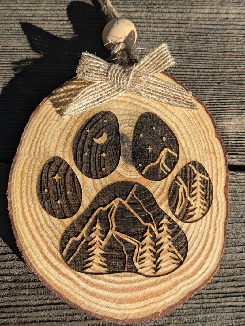 Paw w/Starry Mountain Scene Wood Ornament