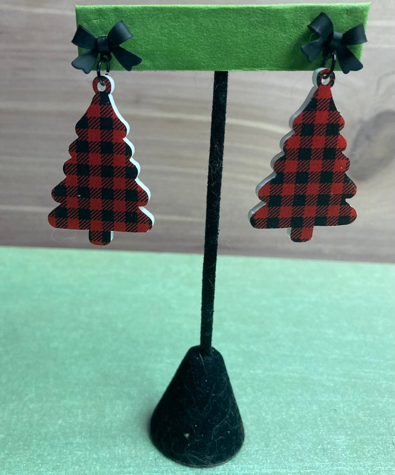 Buffalo Plaid Pine Tree w/Bows Earrings